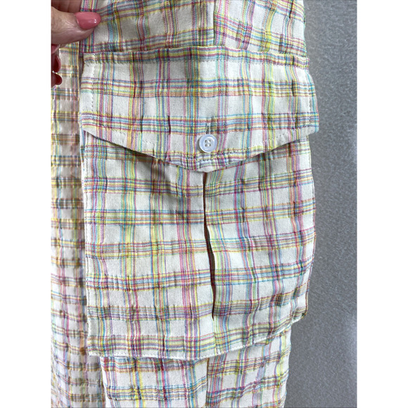 Lili Sidonio Pants Womens Large Neon Plaid Seersucker Elastic Cuff Cargo Pockets - Picture 3 of 14